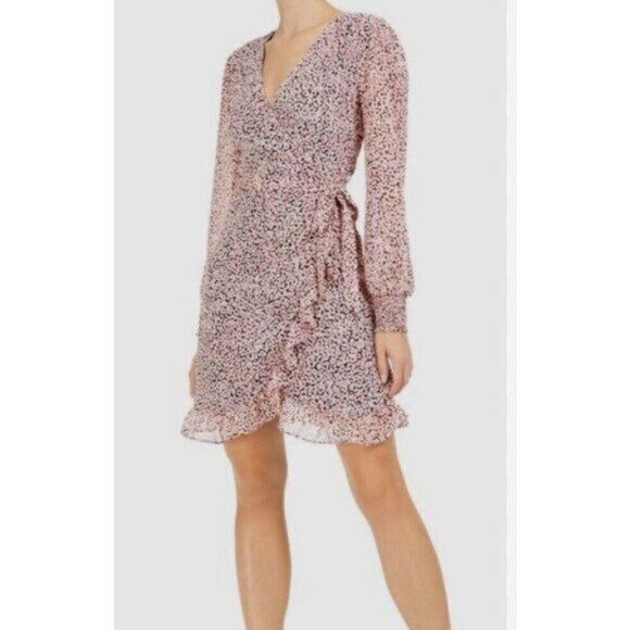 Bar III Pink Chiffon V-Neck Abstract Ruffle Wrap Mini Dress Sz.M - Picture 1 of 7